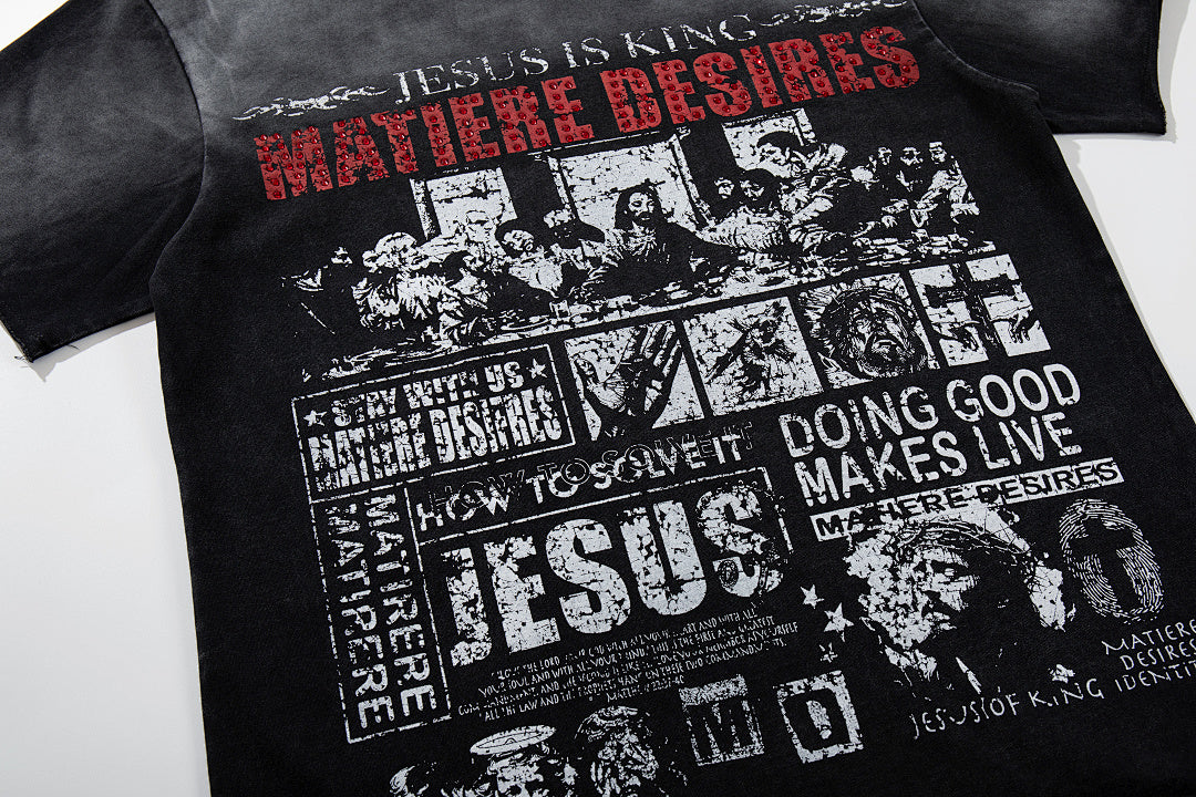 MAJESTIK Black Washed Vintage Text Collage Double‑Sided Graphic Band‑Style T‑Shirt