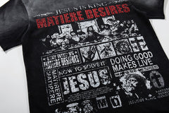 MAJESTIK Black Washed Vintage Text Collage Double‑Sided Graphic Band‑Style T‑Shirt