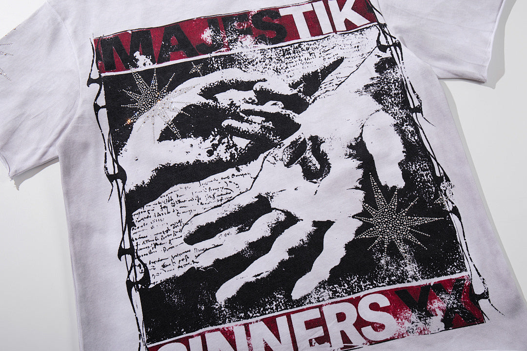 MAJESTIK Off‑White Washed Vintage Hand Graphic Double‑Sided Band‑Style T‑Shirt