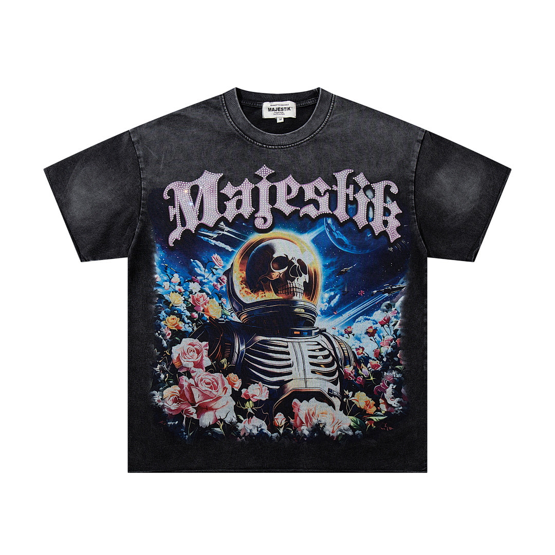 MAJESTIK Black Washed Vintage Astronaut Floral Double‑Sided Graphic Band‑Style T‑Shirt