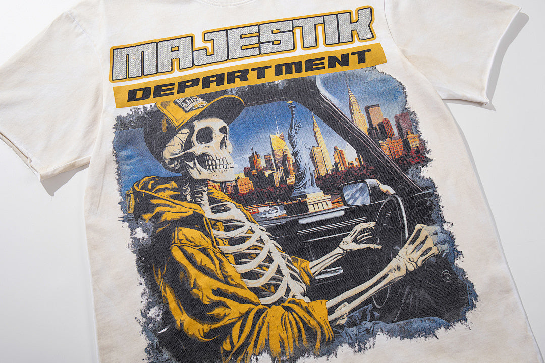 MAJESTIK Off‑White Washed Vintage Skeleton City Tour Graphic Band‑Style T‑Shirt
