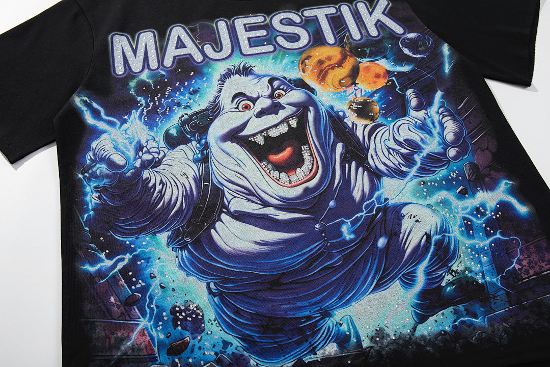MAJESTIK Black Vintage Lightning Gorilla Band‑Style Graphic T‑Shirt