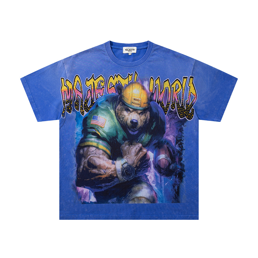 MAJESTIK Royal Blue Washed Football Player Vintage Graphic T‑Shirt