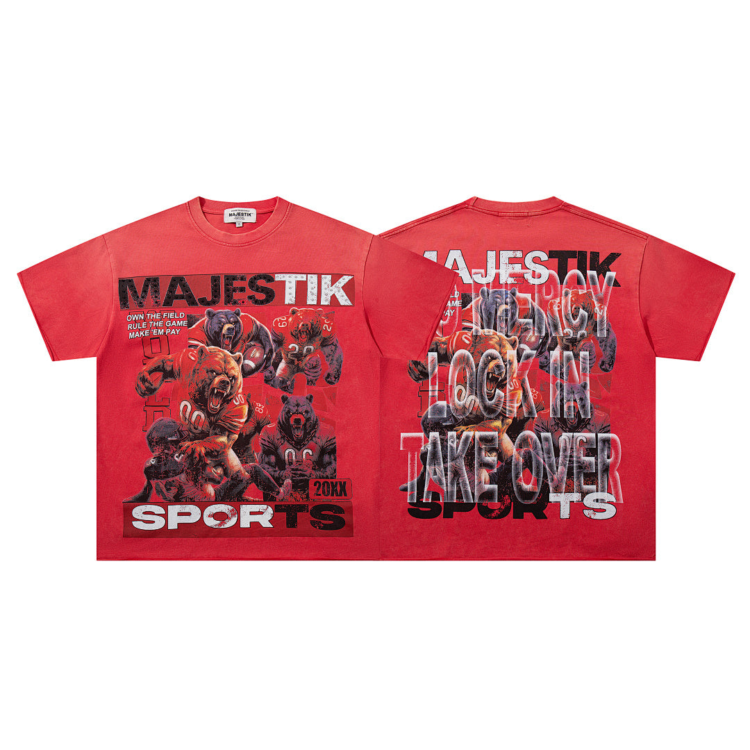 MAJESTIK Red Washed Vintage Sports Beast Double‑Sided Graphic Band‑Style T‑Shirt