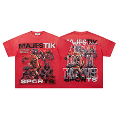MAJESTIK Red Washed Vintage Sports Beast Double‑Sided Graphic Band‑Style T‑Shirt