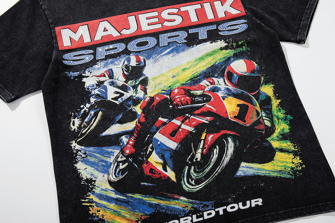 MAJESTIK Black Washed Vintage Motorcycle Racing Graphic Band‑Style T‑Shirt