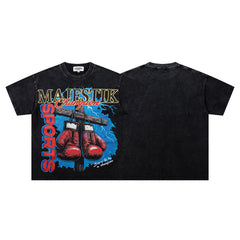 MAJESTIK Black Washed Vintage Boxing Gloves Graphic Band‑Style T‑Shirt