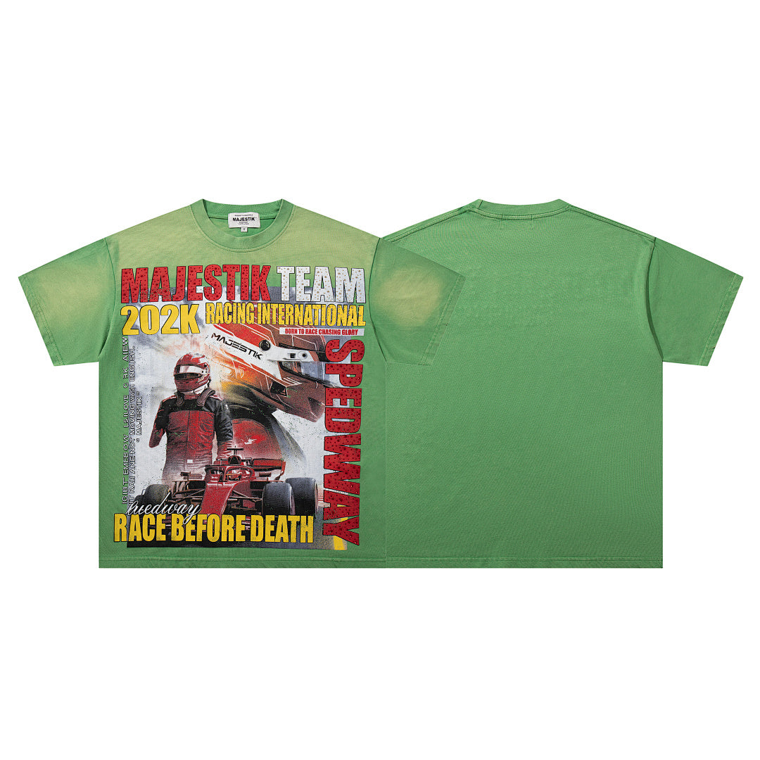 MAJESTIK Green Washed Vintage Portrait Band‑Style Graphic T‑Shirt