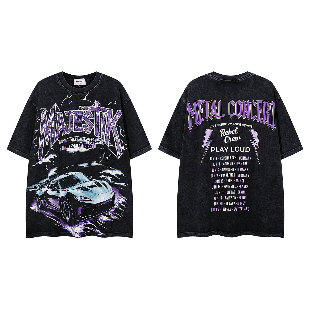 MAJESTIK Vintage Black Metal Concert Car Double‑Sided Graphic T‑Shirt