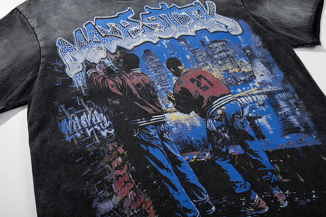 MAJESTIK Black Washed Vintage Band Tour Double‑Sided Graphic Band‑Style T‑Shirt