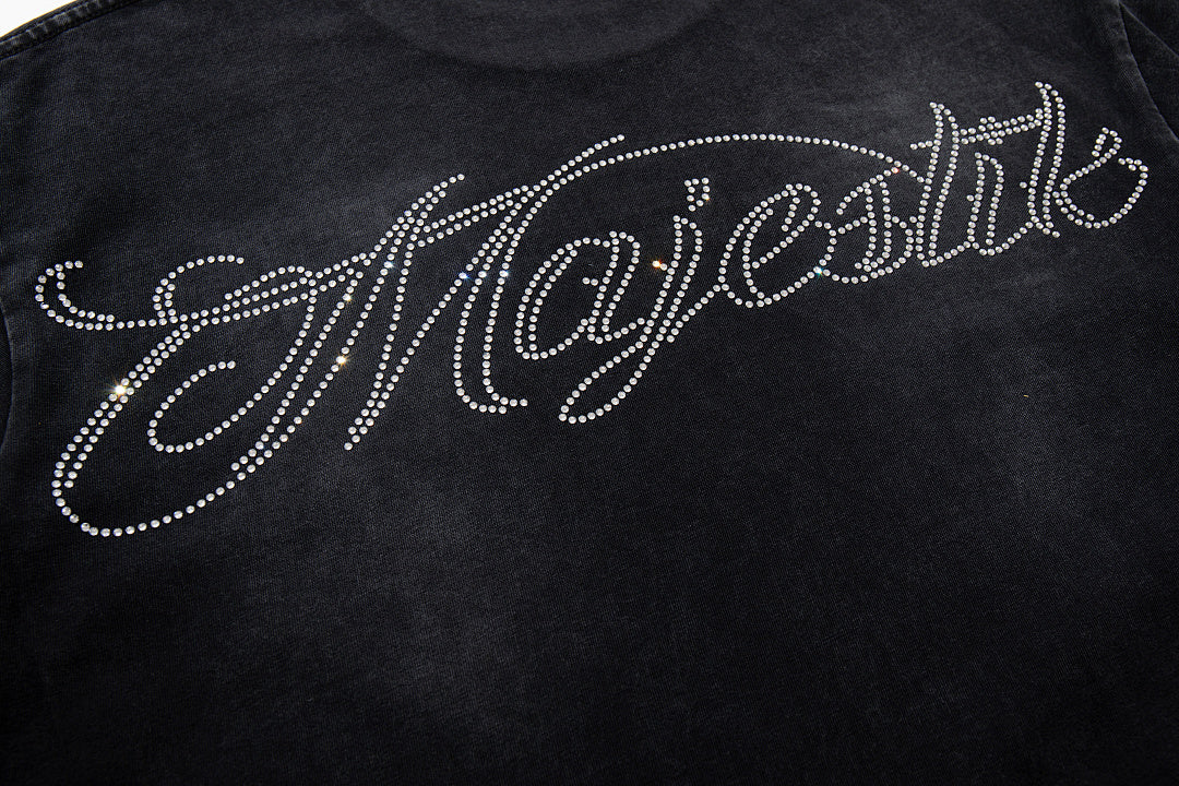 MAJESTIK Black Washed Vintage Knight‑Horse Double‑Sided Graphic Band‑Style T‑Shirt