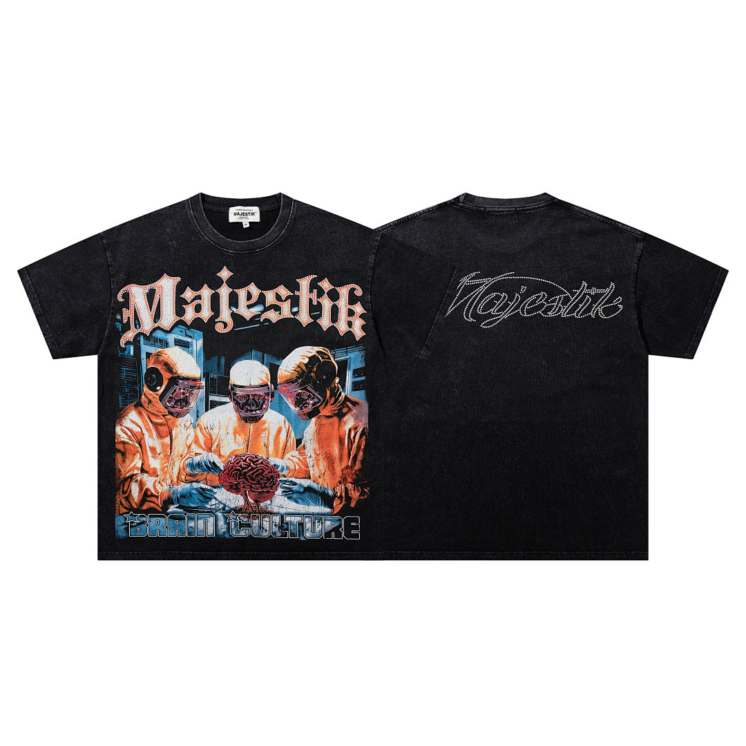 MAJESTIK Black Washed Vintage Astronaut Space Double‑Sided Graphic Band‑Style T‑Shirt
