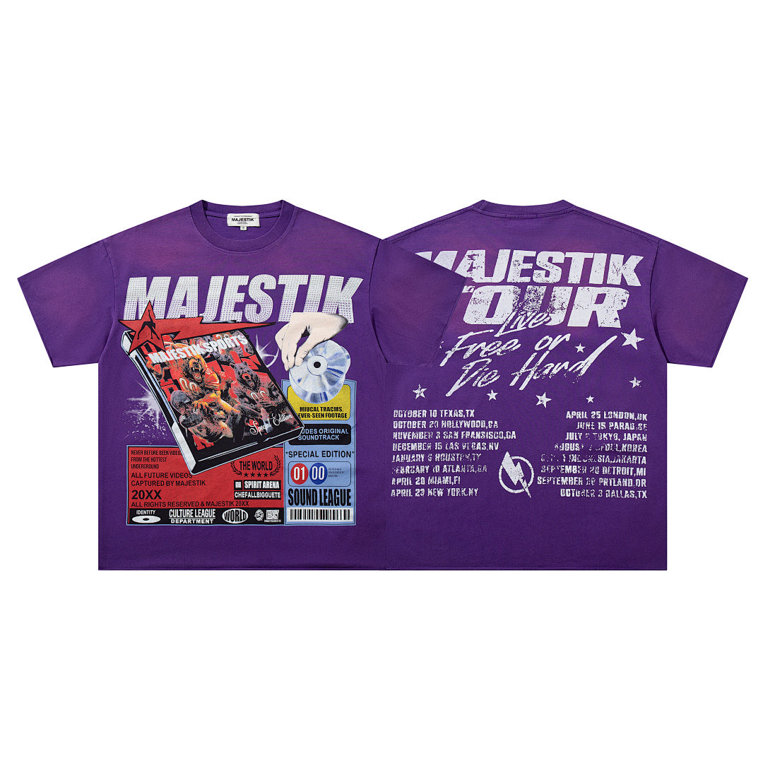 MAJESTIK Black Washed Vintage Knight‑Horse Double‑Sided Graphic Band‑Style T‑Shirt