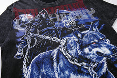 MAJESTIK Vintage Black Wolf Beast Graphic Short‑Sleeve T‑Shirt