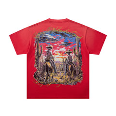 MAJESTIK Red Washed Vintage Western Cowboy Double‑Sided Graphic Band‑Style T‑Shirt