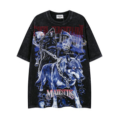 MAJESTIK Vintage Black Wolf Beast Graphic Short‑Sleeve T‑Shirt