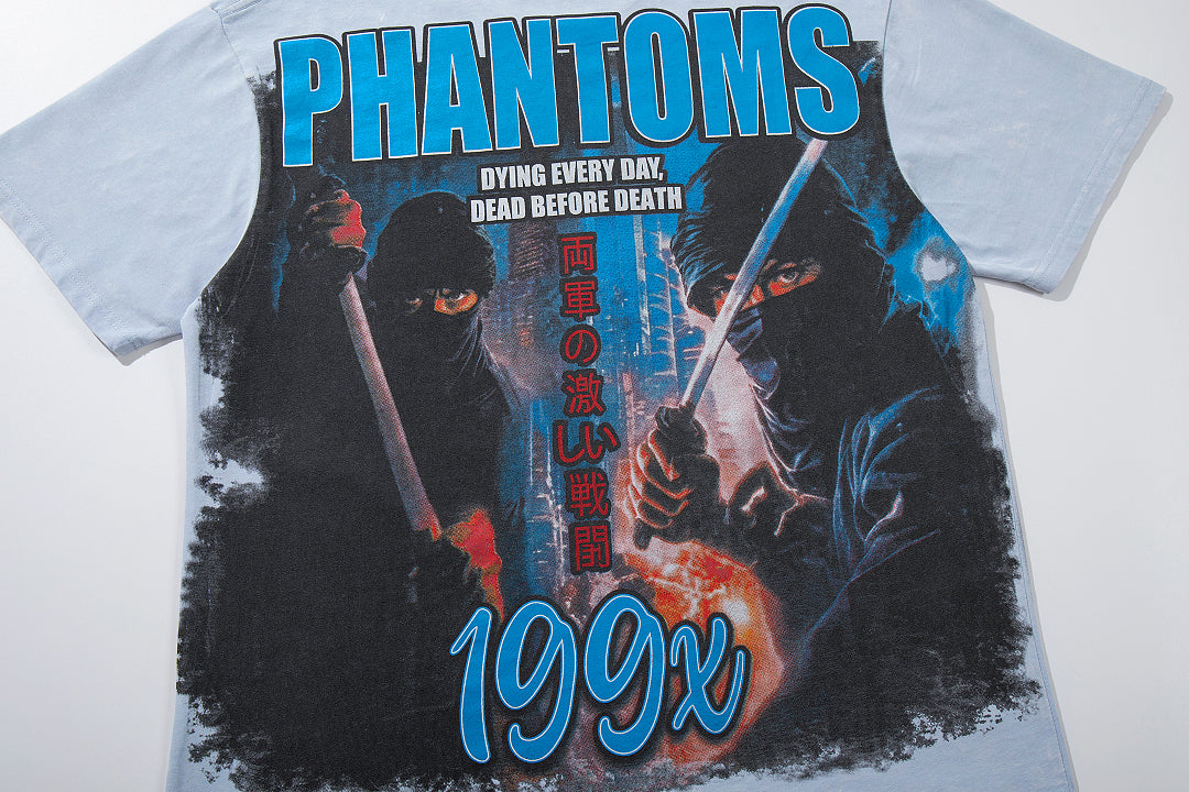 MAJESTIK Light Blue Washed 199X Phantom Vintage Graphic T‑Shirt