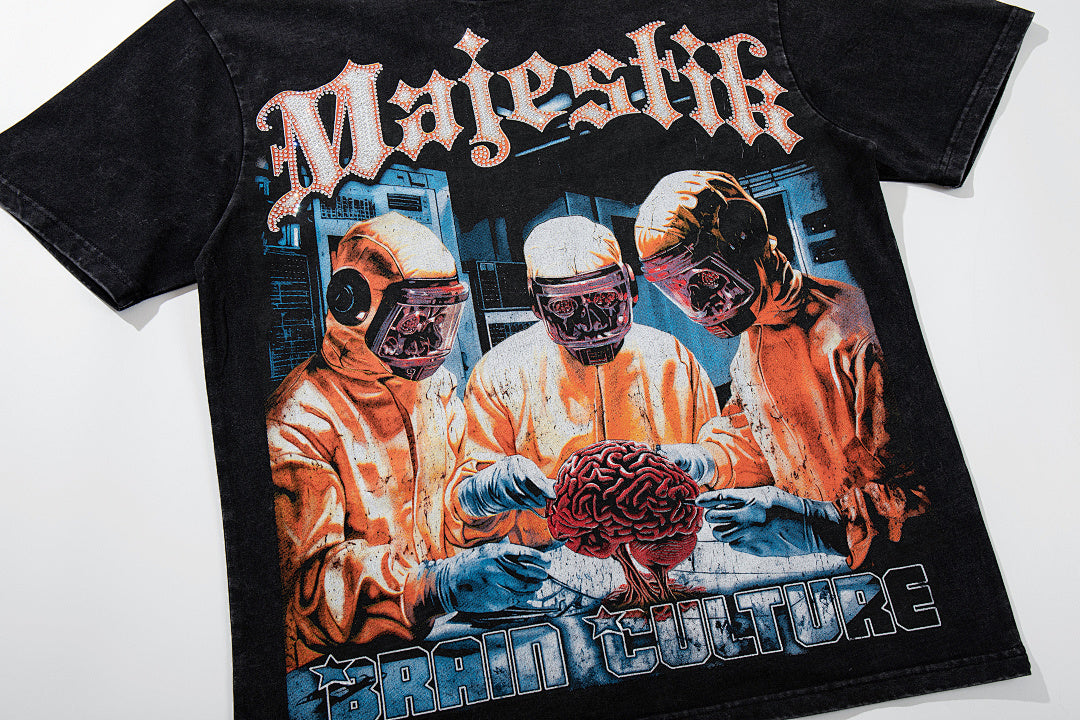 MAJESTIK Black Washed Vintage Astronaut Space Double‑Sided Graphic Band‑Style T‑Shirt