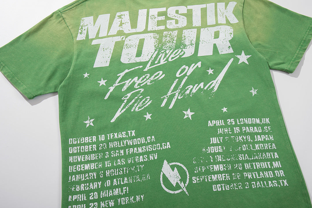 MAJESTIK Green Washed Vintage Tour Cruise City Double‑Sided Band‑Style Graphic T‑Shirt