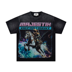 MAJESTIK Black Washed Vintage Knight‑Horse Double‑Sided Graphic Band‑Style T‑Shirt