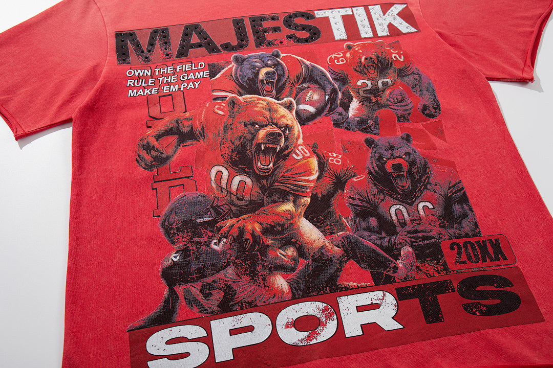 MAJESTIK Red Washed Vintage Sports Beast Double‑Sided Graphic Band‑Style T‑Shirt