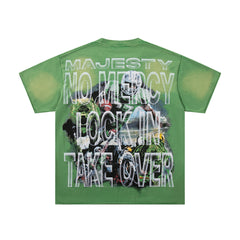 MAJESTIK Green Washed Vintage Football Athlete Double‑Sided Graphic Band‑Style T‑Shirt