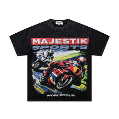 MAJESTIK Black Washed Vintage Motorcycle Racing Graphic Band‑Style T‑Shirt