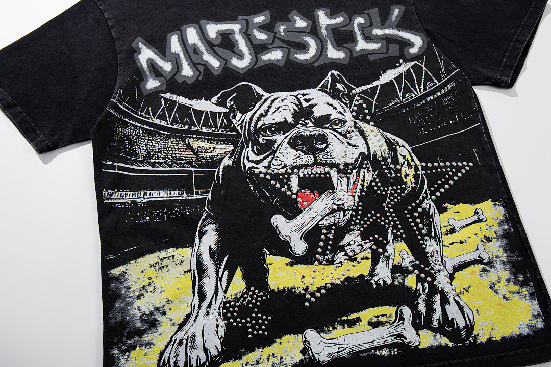 MAJESTIK Black Washed Vintage Roaring Tiger Double‑Sided Graphic Band‑Style T‑Shirt