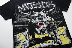 MAJESTIK Black Washed Vintage Roaring Tiger Double‑Sided Graphic Band‑Style T‑Shirt