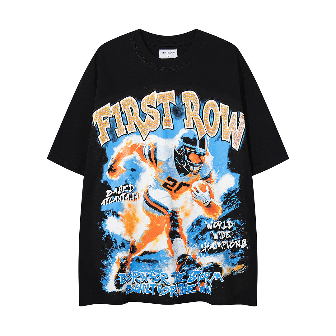 MAJESTIK Vintage Black FIRST ROW Football Player Double‑Sided Graphic T‑Shirt