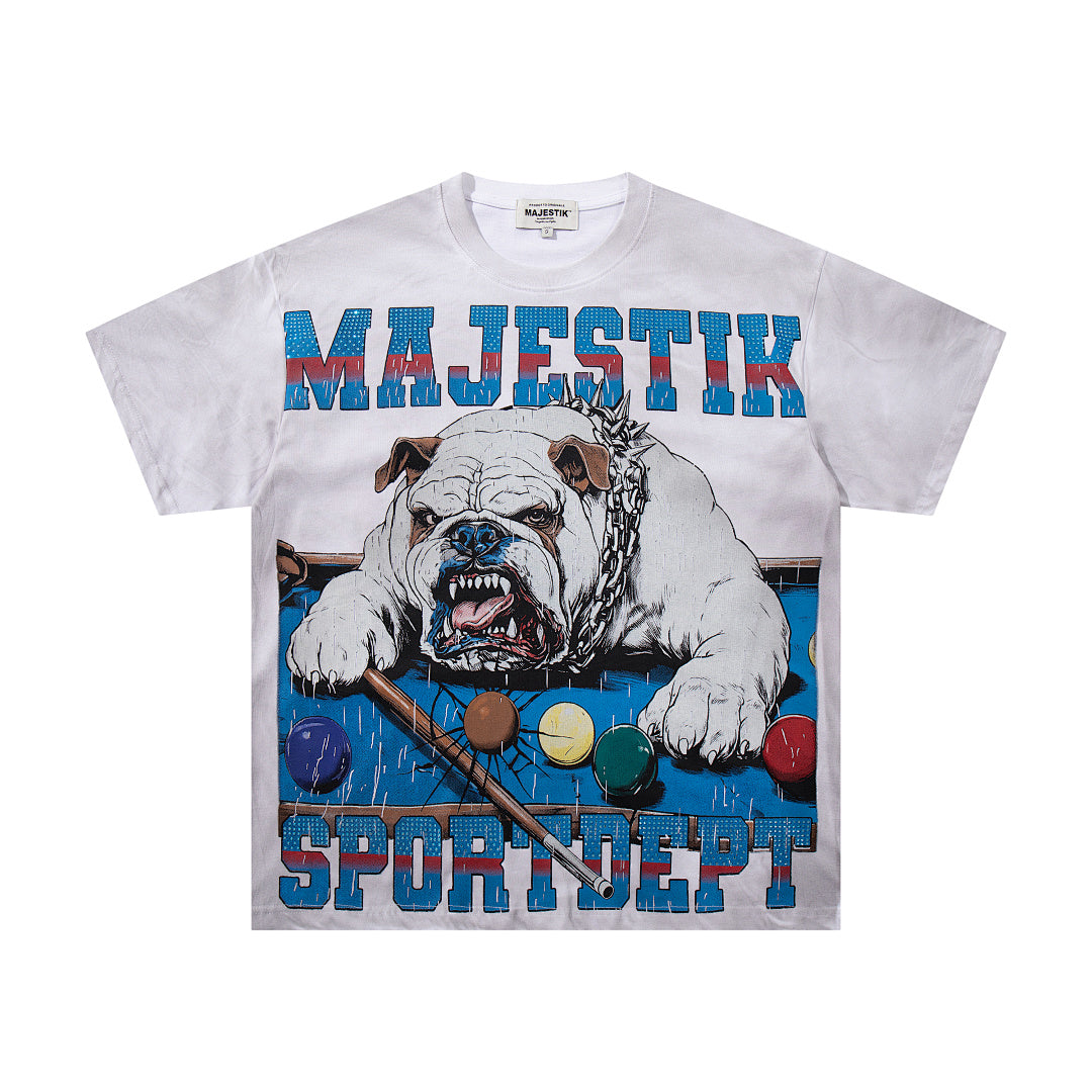 MAJESTIK Off‑White Washed Vintage Bulldog Graphic Band‑Style T‑Shirt