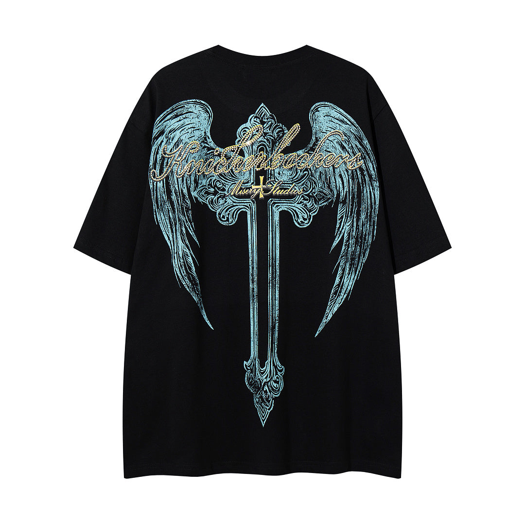 MAJESTIK Vintage Black Alien Skull Angel Sword Double‑Sided Graphic T‑Shirt