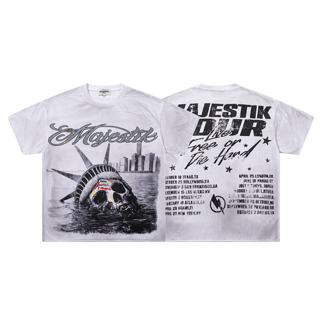 MAJESTIK Off‑White Washed Vintage Statue Of Liberty Tour Poster Double‑Sided Band‑Style T‑Shirt