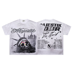MAJESTIK Off‑White Washed Vintage Statue Of Liberty Tour Poster Double‑Sided Band‑Style T‑Shirt