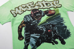 MAJESTIK Light Green Washed Vintage Football Player Double‑Sided Graphic Band‑Style T‑Shirt