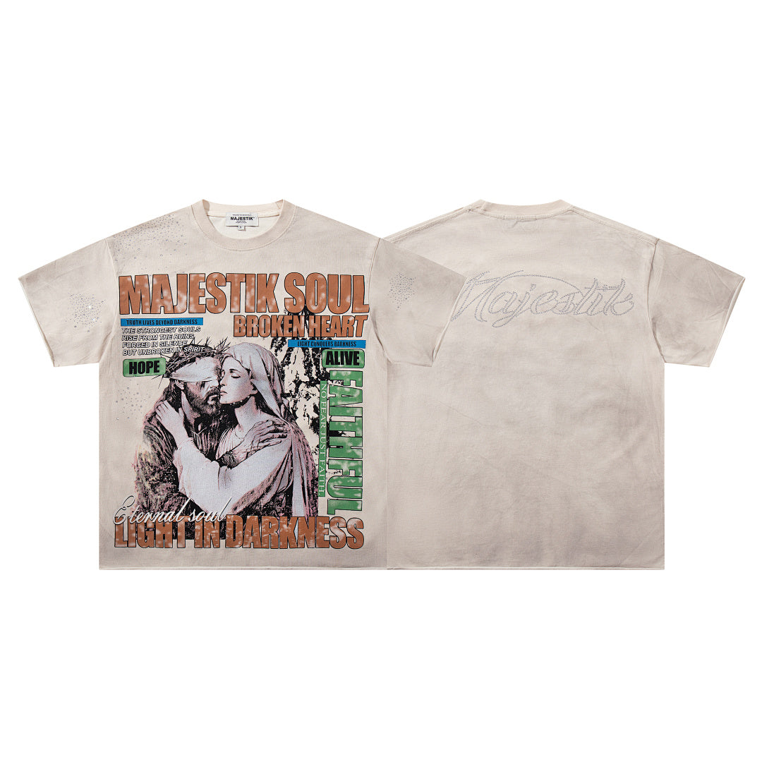 MAJESTIK Khaki Washed Vintage Portrait Band‑Style Graphic T‑Shirt