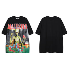 MAJESTIK Vintage Black Majestik Alien Graphic Short‑Sleeve T‑Shirt