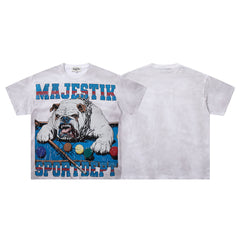 MAJESTIK Off‑White Washed Vintage Bulldog Graphic Band‑Style T‑Shirt
