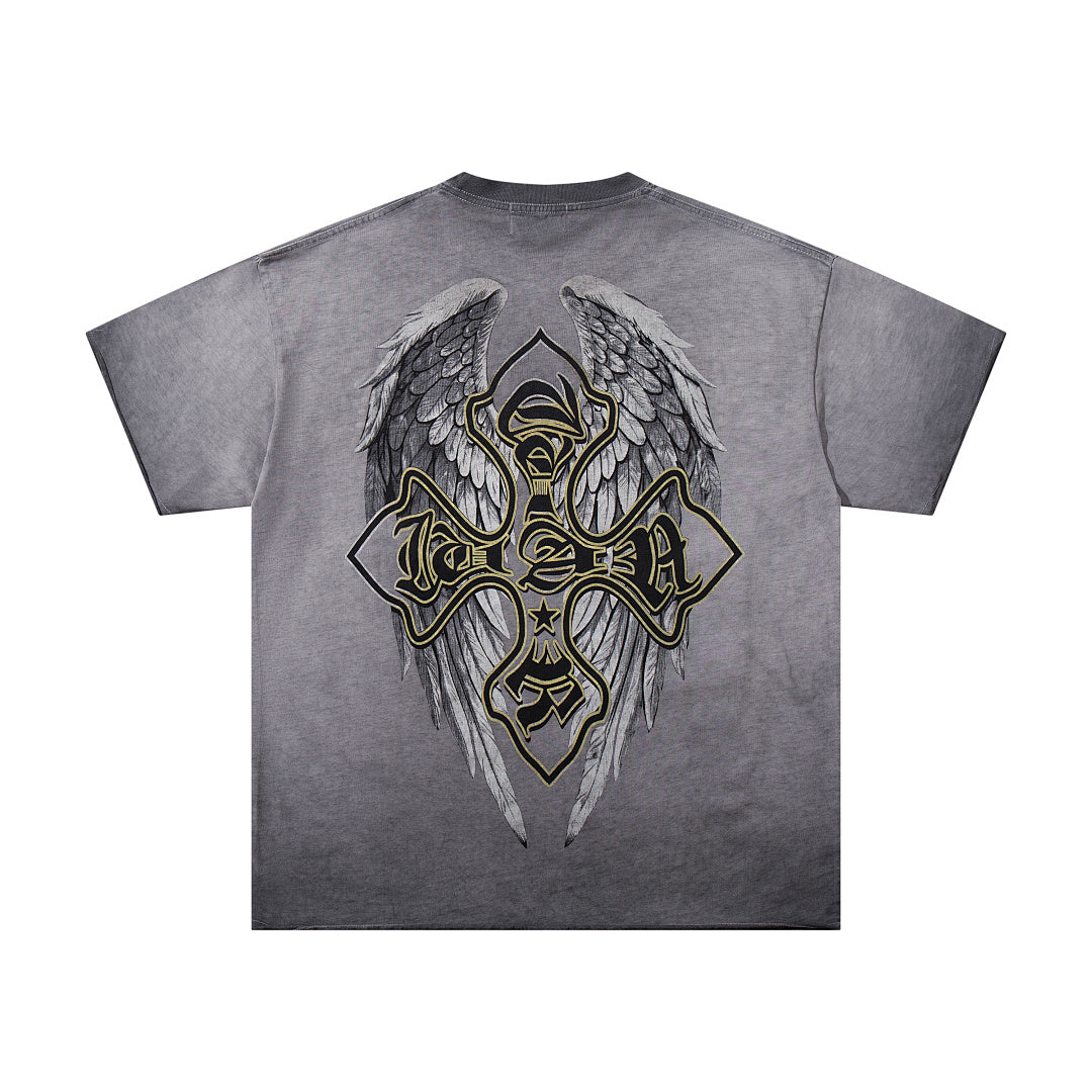 MAJESTIK Grey Black Washed Vintage Portrait Totem Double‑Sided Graphic Band‑Style T‑Shirt