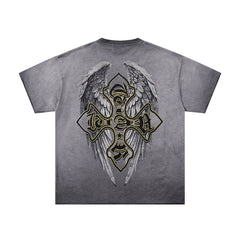 MAJESTIK Grey Black Washed Vintage Portrait Totem Double‑Sided Graphic Band‑Style T‑Shirt