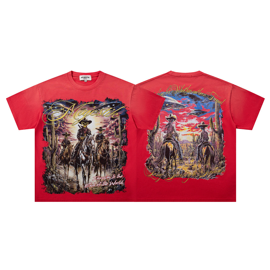 MAJESTIK Red Washed Vintage Western Cowboy Double‑Sided Graphic Band‑Style T‑Shirt