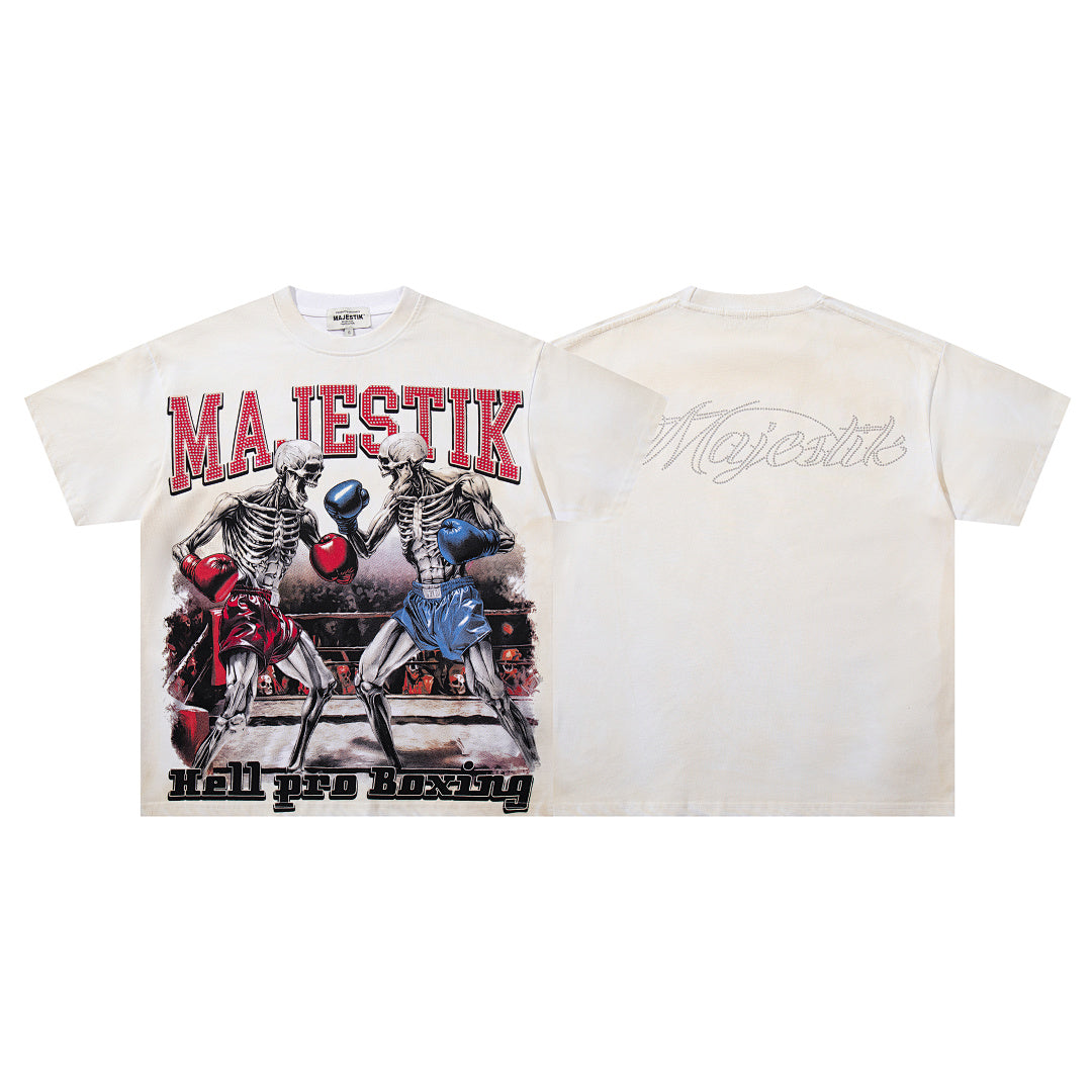 MAJESTIK Off‑White Washed Vintage Boxing Fighter Double‑Sided Graphic Band‑Style T‑Shirt