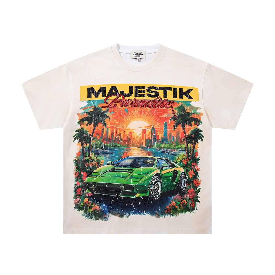 MAJESTIK Off‑White Washed Vintage Sports Car Palm Double‑Sided Graphic T‑Shirt