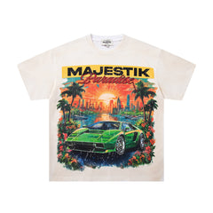 MAJESTIK Off‑White Washed Vintage Sports Car Palm Double‑Sided Graphic T‑Shirt