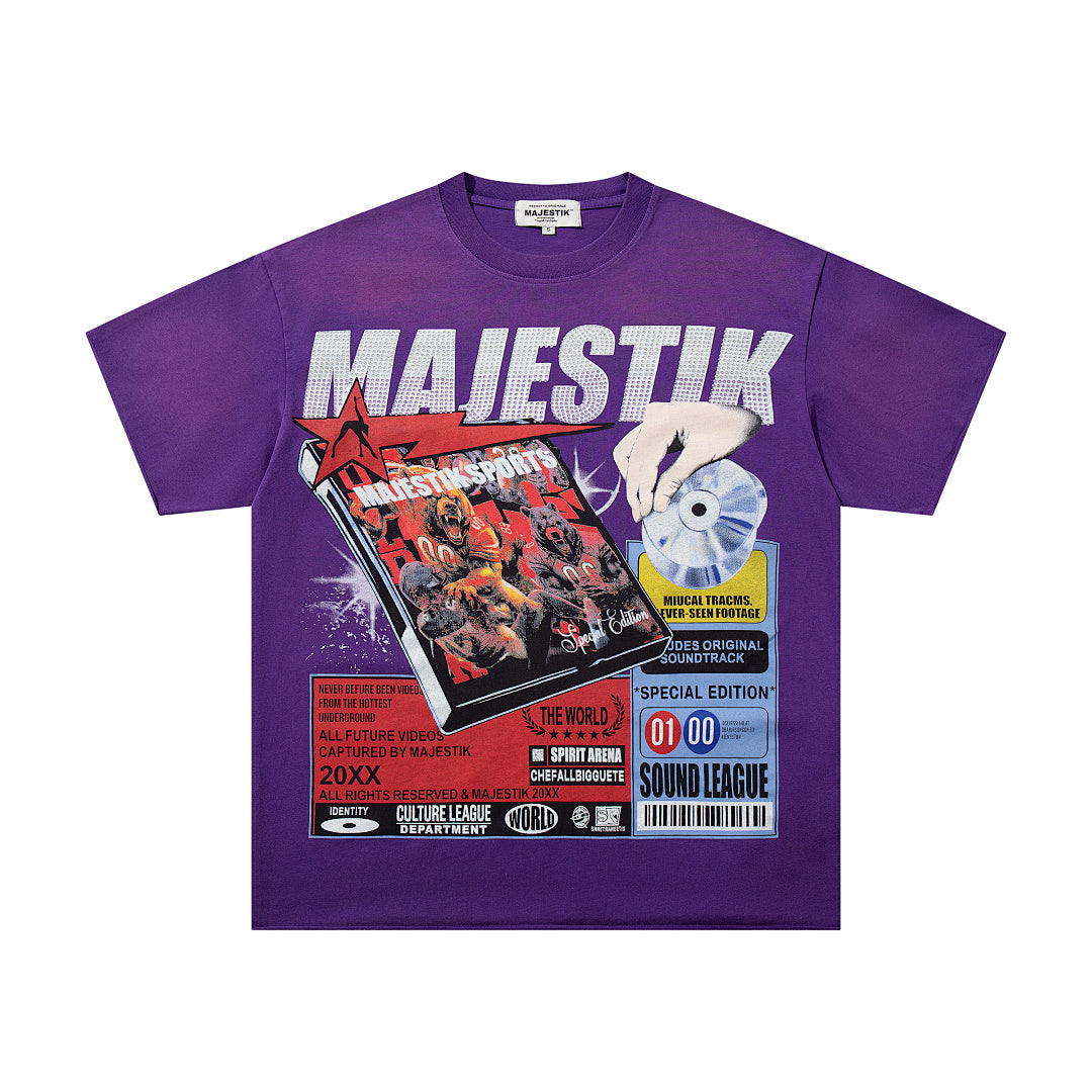 MAJESTIK Black Washed Vintage Knight‑Horse Double‑Sided Graphic Band‑Style T‑Shirt