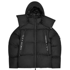 Black Hooded Puffer Jacket Text Graphic Heavy Bubble Coat Streetwear