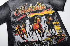 MAJESTIK Black Washed Vintage Western Cowboy Horse Rider Double‑Sided Graphic Band‑Style T‑Shirt