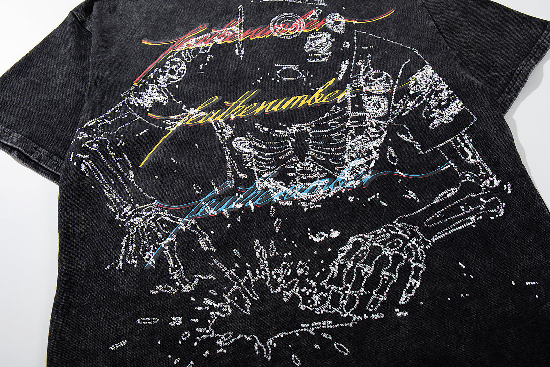 MAJESTIK Vintage Black Skeleton Robot Double‑Sided Graphic T‑Shirt