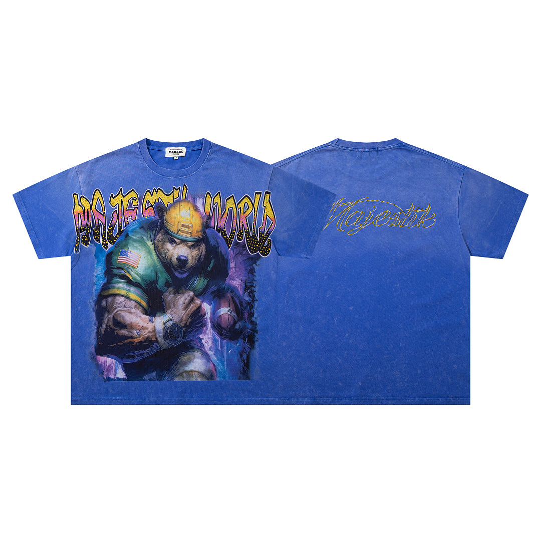 MAJESTIK Royal Blue Washed Football Player Vintage Graphic T‑Shirt
