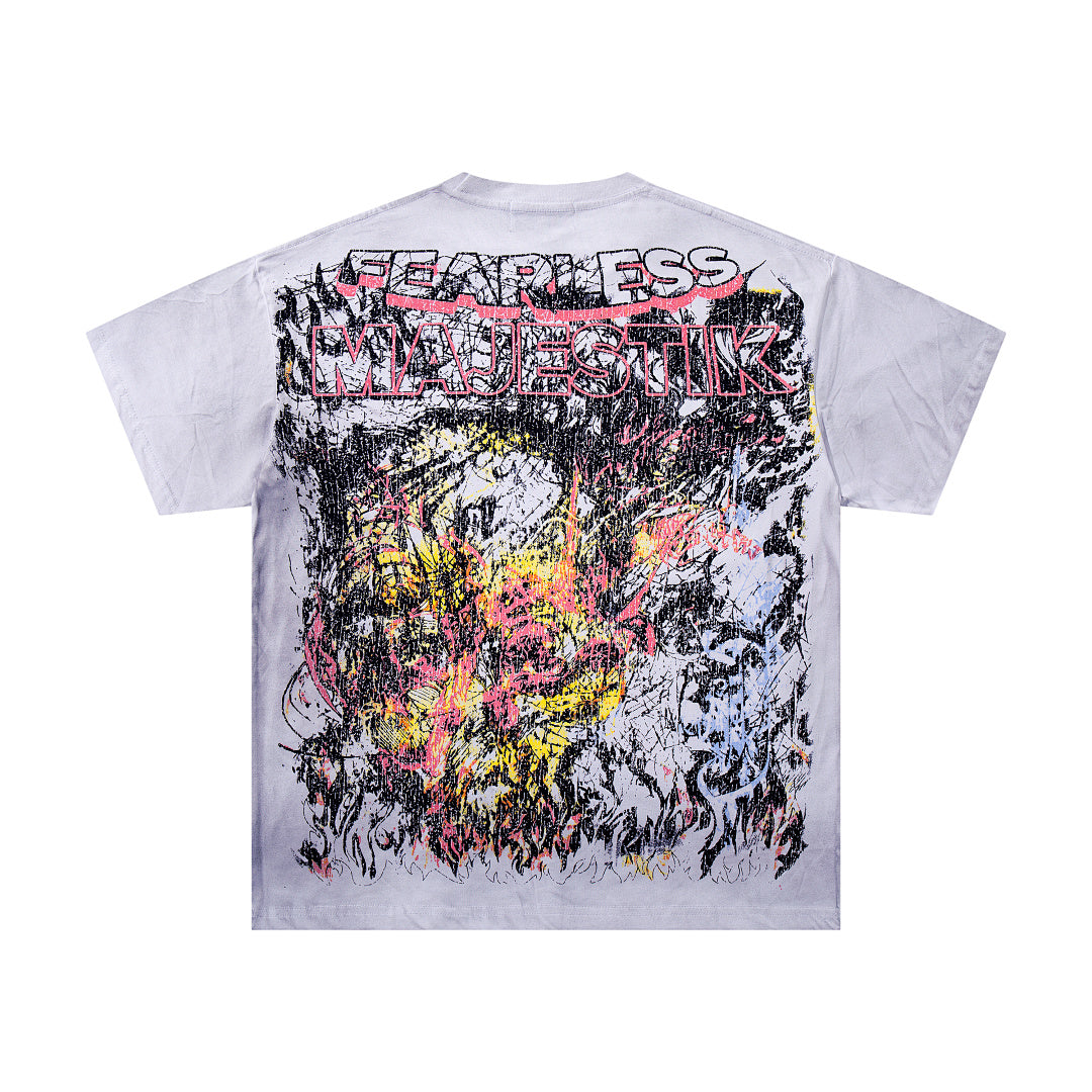 MAJESTIK Off‑White Washed Vintage Graffiti Art Collage Double‑Sided Band‑Style T‑Shirt
